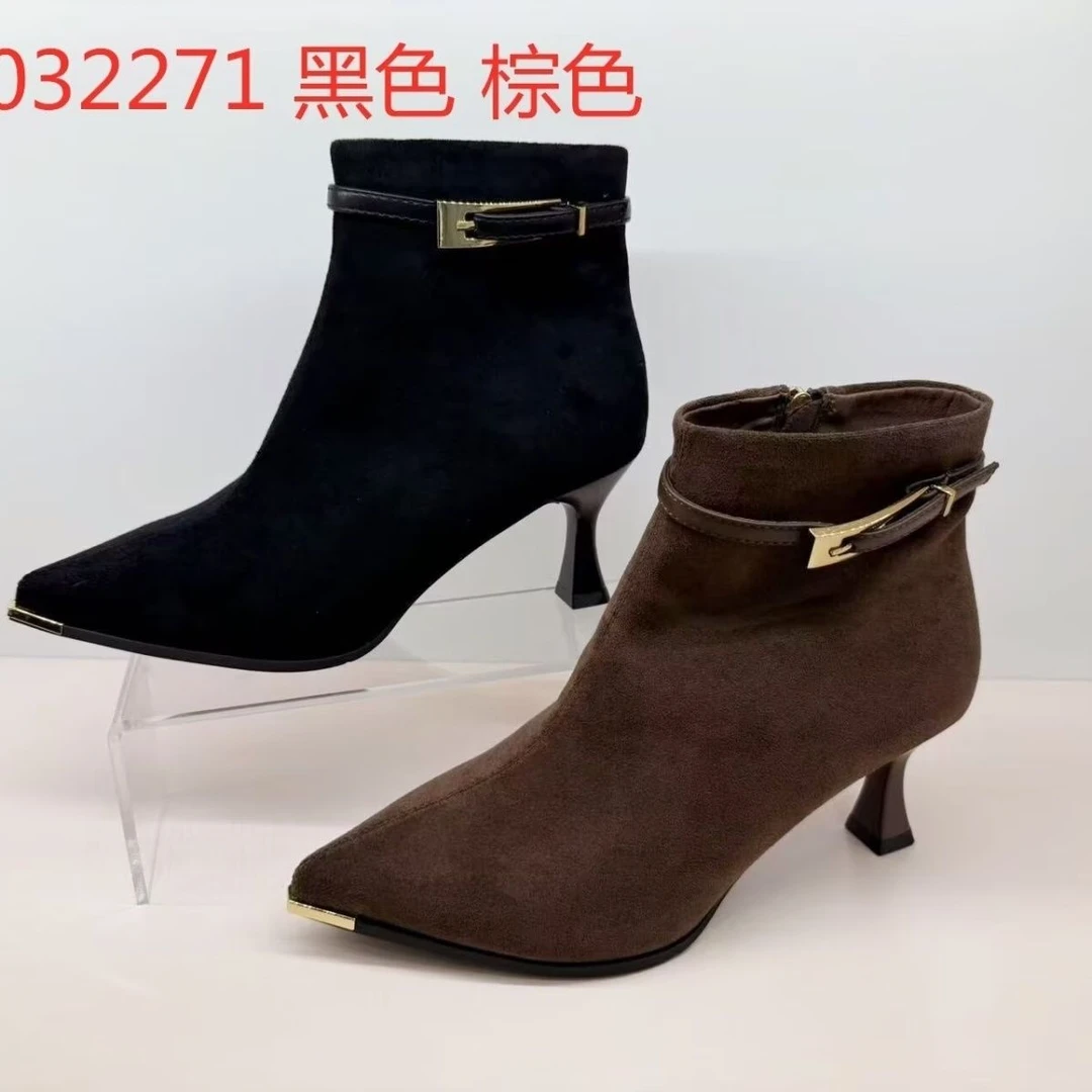 香香莉32271短靴跟鞋细跟冬季气质加绒拉链尖头黑色裸靴女高跟