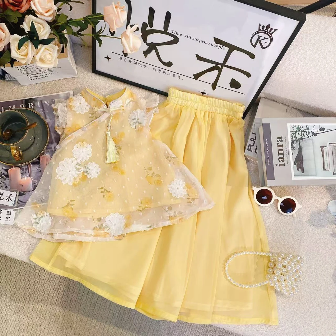 T1女童国风套装夏季2025时尚淡黄色新款潮儿童复古新中式8958