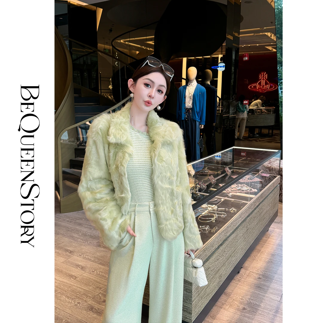 余潇潇【永恒回忆】轻奢时髦小湖羊皮毛一体清新绿翻领&圆领外套