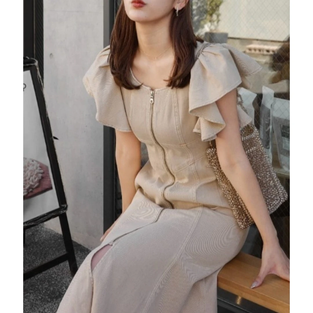 【胖虎家】春夏新款 R 时尚气质百搭荷叶边拉链设计牛仔连衣裙