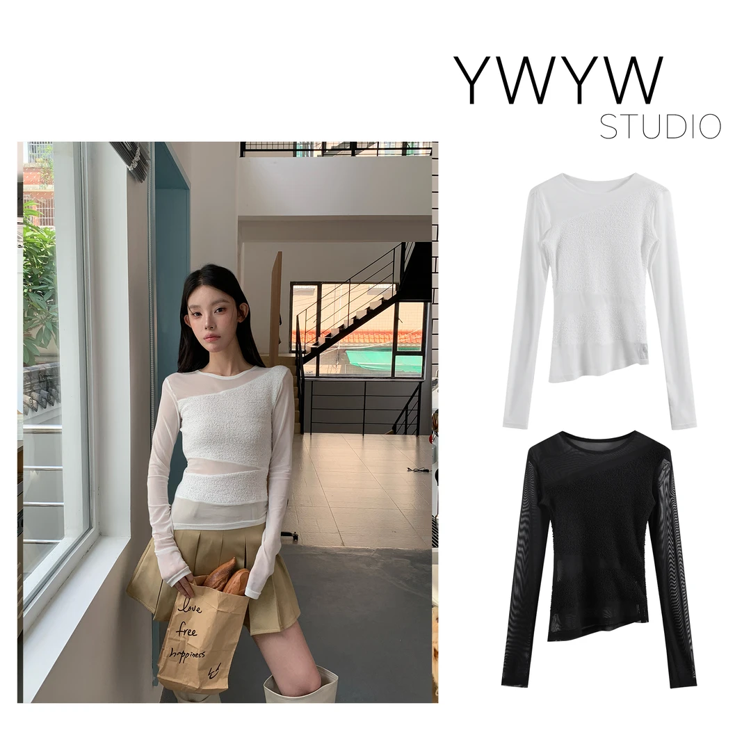 【YWYW25F/W】纯色不对称网纱拼接打底修身圆领体恤5573