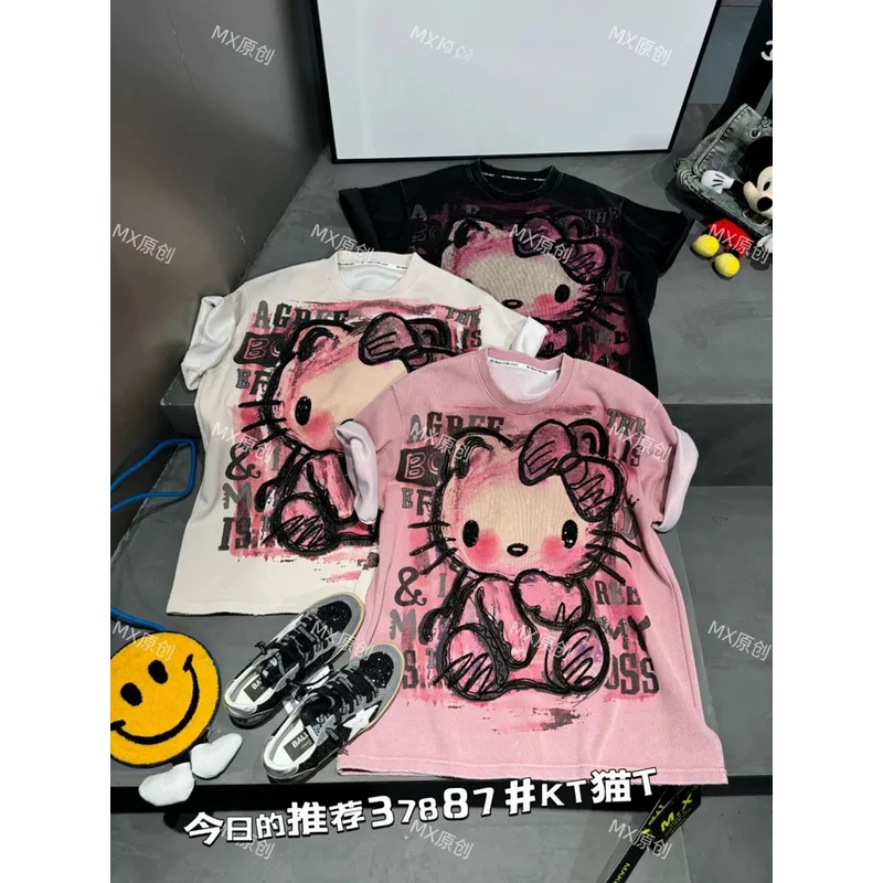 MX欧货2025春季新款大版宽松大版重工洋气怀旧短袖t恤上衣女37887