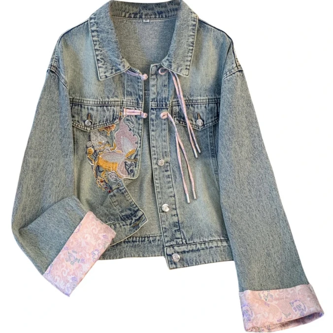 C46新中式国风盘扣牛仔外套女春秋季2024新款刺绣唐装