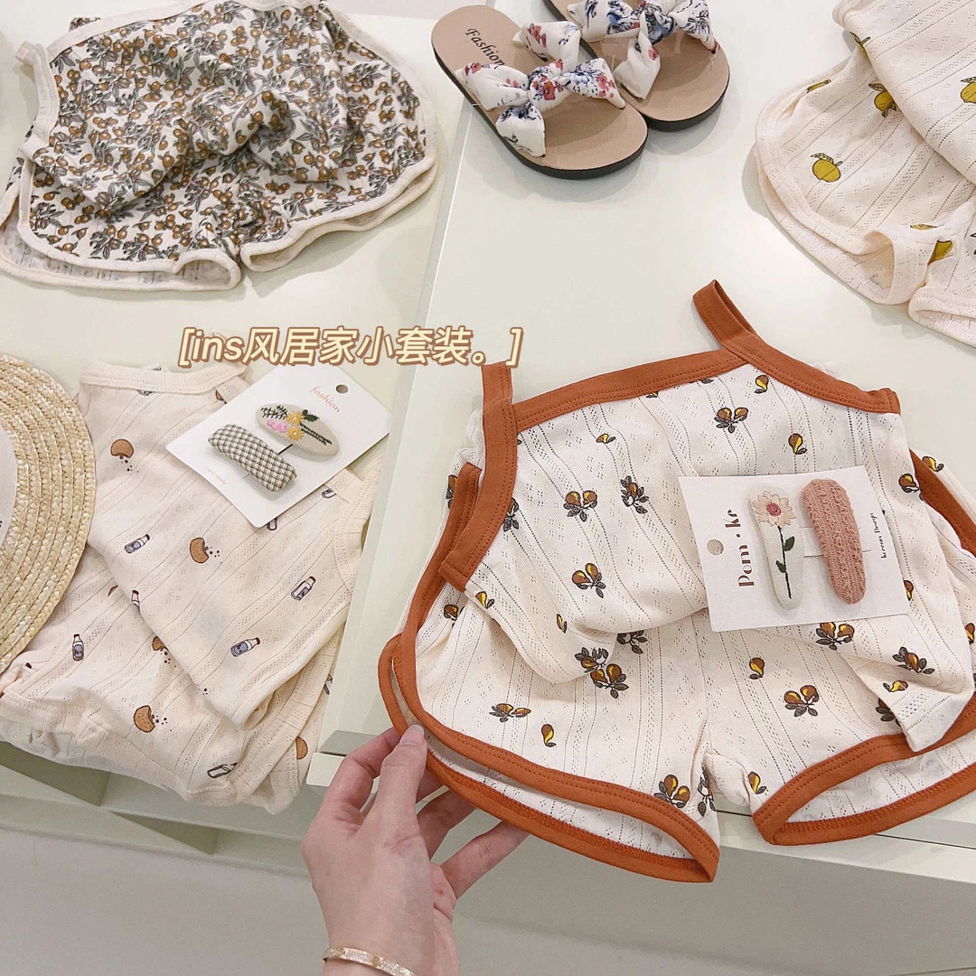 儿童呼吸棉家居服套装夏季宝宝吊带睡衣北欧风女童碎花衣服薄款透