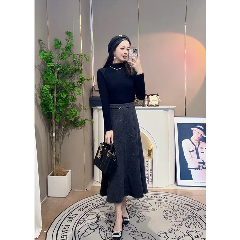 【3个裙长】秋冬毛呢小香风高腰修身显瘦休闲气质鱼尾半身裙