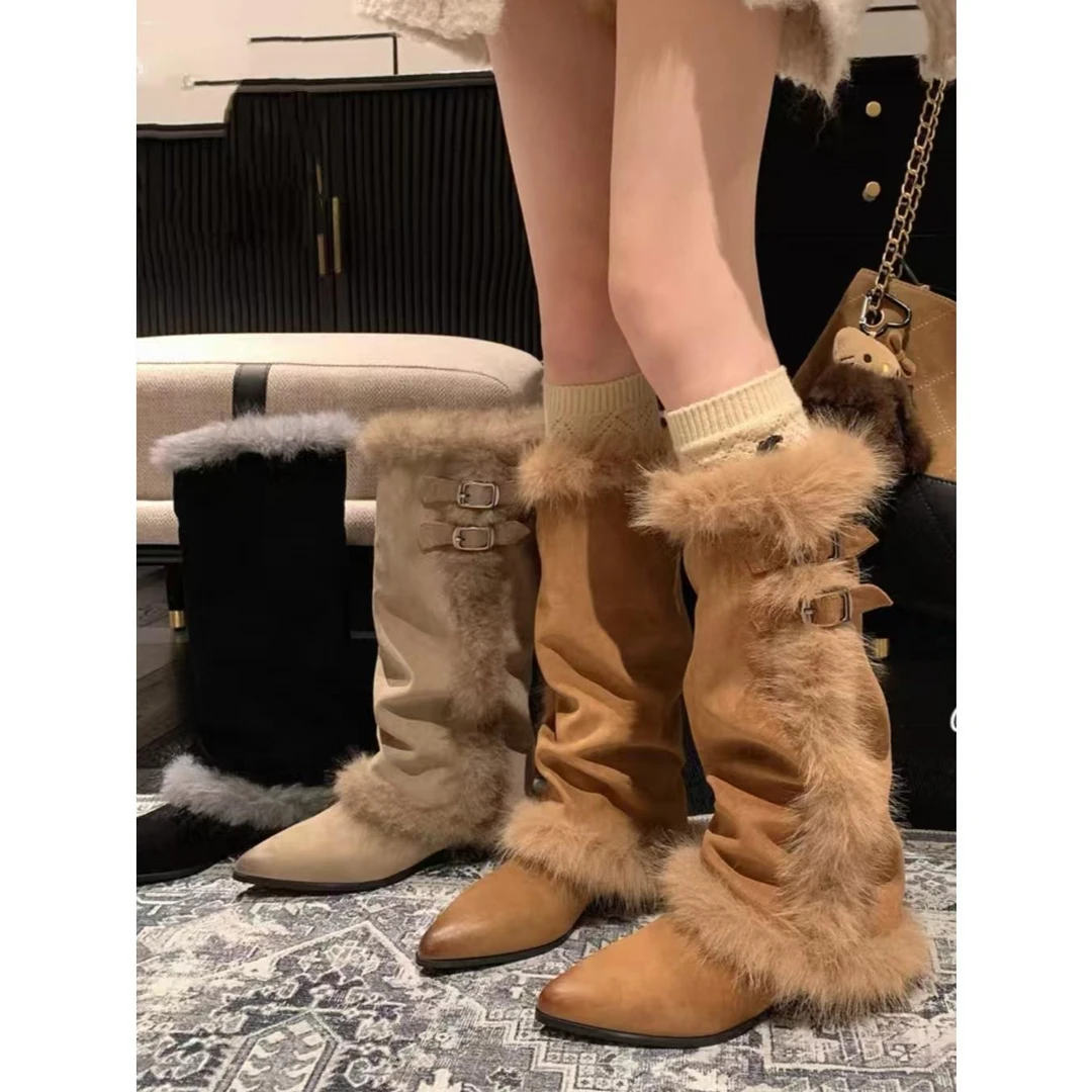 絮语丨2026new秋冬新款尖头时尚百搭复古磨砂皮低跟温柔复古靴