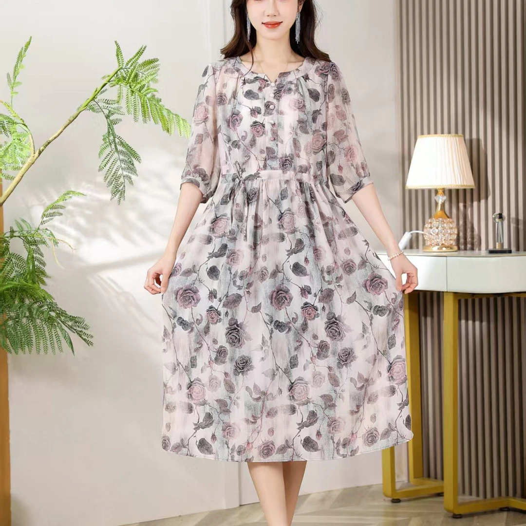 A-25149时尚有抽绳连衣裙立领浅色玫瑰