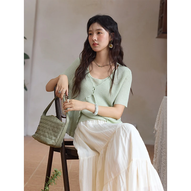 【年中大促】谜秀薄荷绿假两件短袖针织开衫女2025夏季修身显瘦上衣