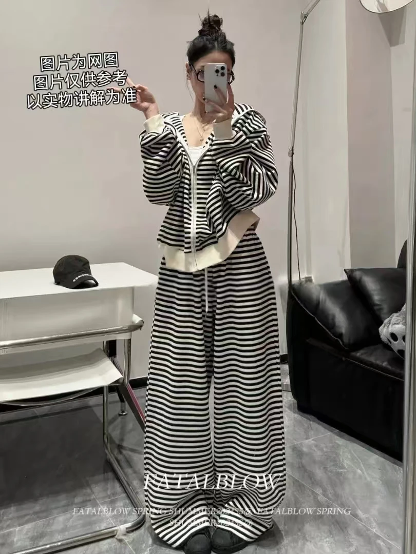 微胖大码女装2025春季新款套装慵懒风撞色条纹连帽卫衣外套阔腿裤