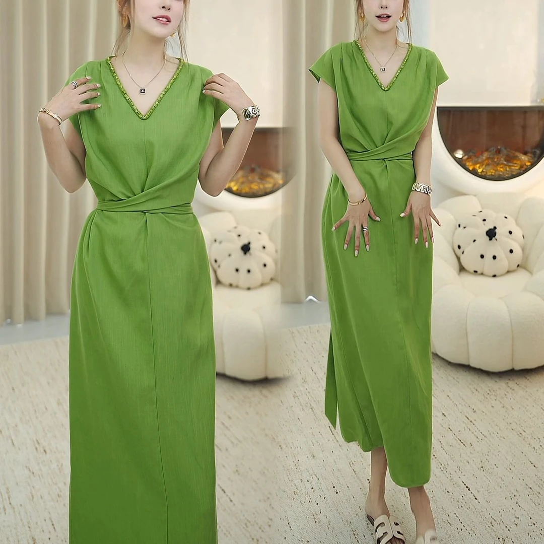 气质短袖显瘦优雅中长款连衣裙夏季新款纯色显白时尚收腰中长裙子