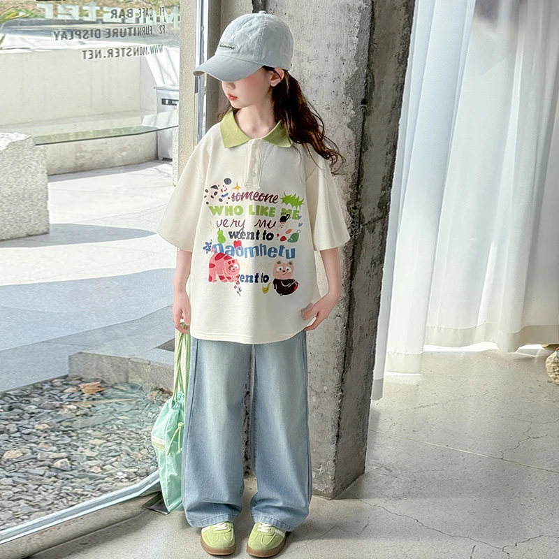 女童夏季套装2025新款洋气时尚卡通图案牛仔裤两件套6-12岁中大童