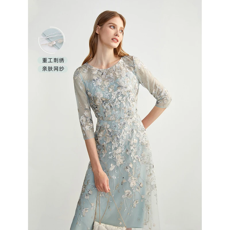 朗姿重工蕾丝刺绣法式宴会礼服春夏新款优雅女高级感连衣裙子绿色