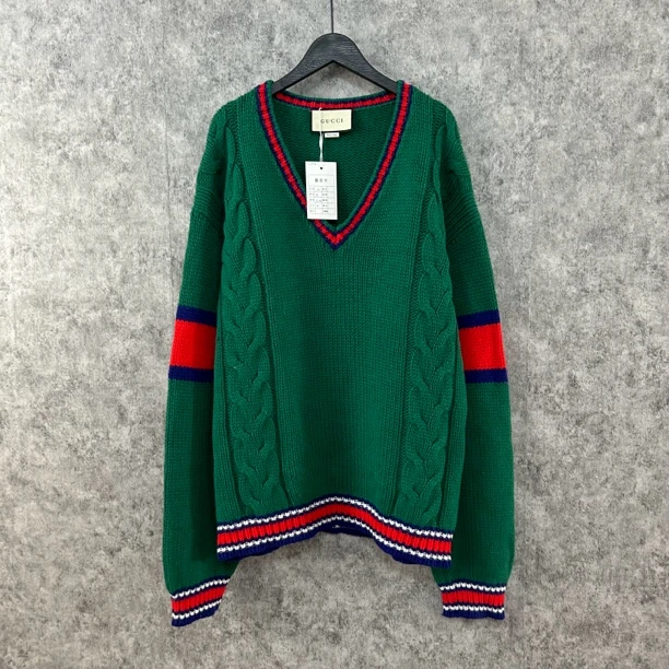 95新 GUCCI/古驰 古驰绿色V领毛衣