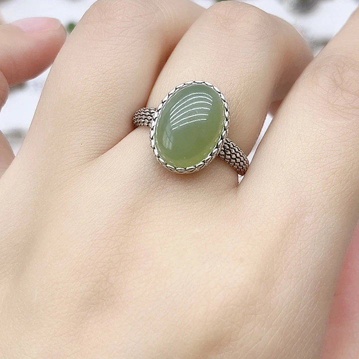 和田玉戒指银S925镶嵌天然