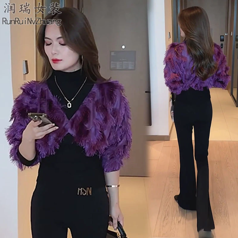 网红时尚套装女2025秋季新款轻奢流苏拼接假两件长袖微喇裤两件套