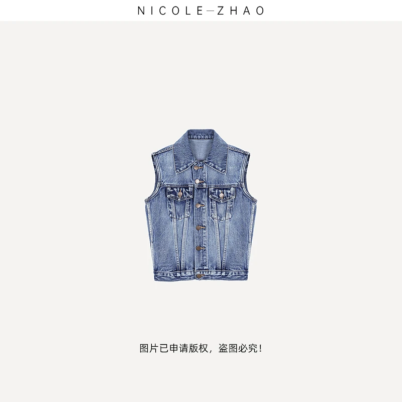 202232【贵姐NICOLE】高端设计师款百搭无袖牛仔马甲外套时尚