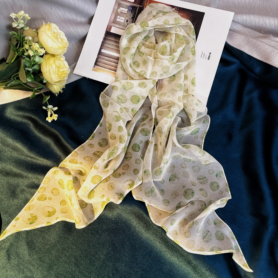 【绿波点】真丝桑蚕丝新款薄款小丝巾斜角飘带长丝巾（±180*±25cm）