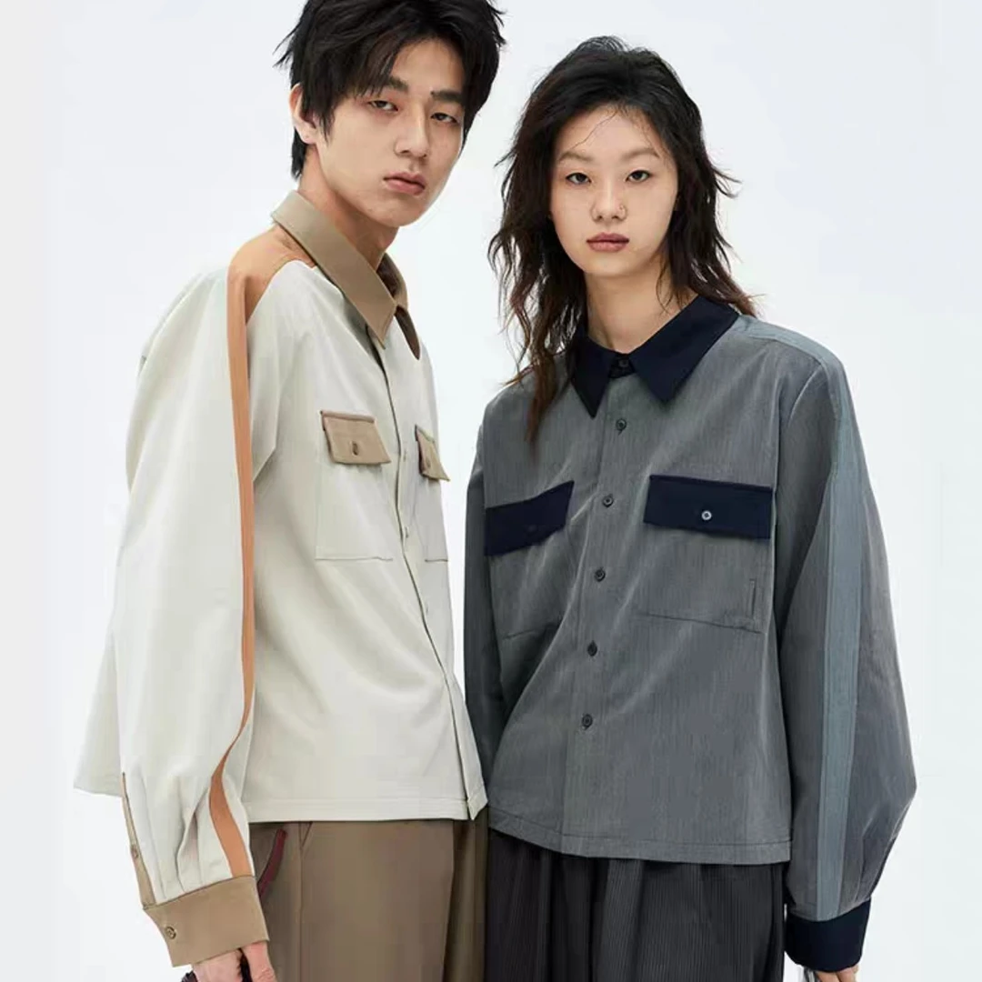 W07-62641-TM拼色设计时尚垫肩衬衫