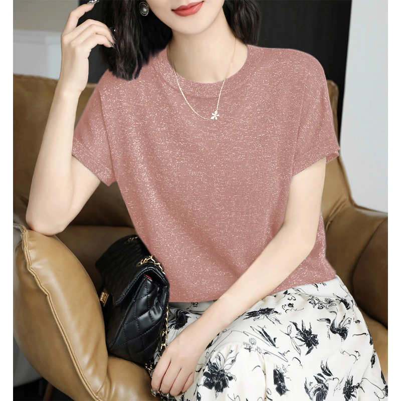 温柔风设计细闪圆领宽松显瘦小飞袖t恤女装夏季时尚百搭薄款上衣