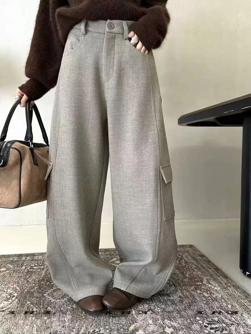 2025冬季新款加绒复古工装风阔腿裤女高腰宽松显瘦百搭休闲运动裤