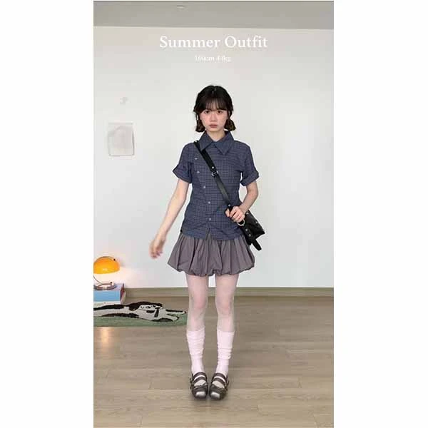 美式格子短袖衬衫女夏季新款设计感辣妹衬衣不规则上衣潮