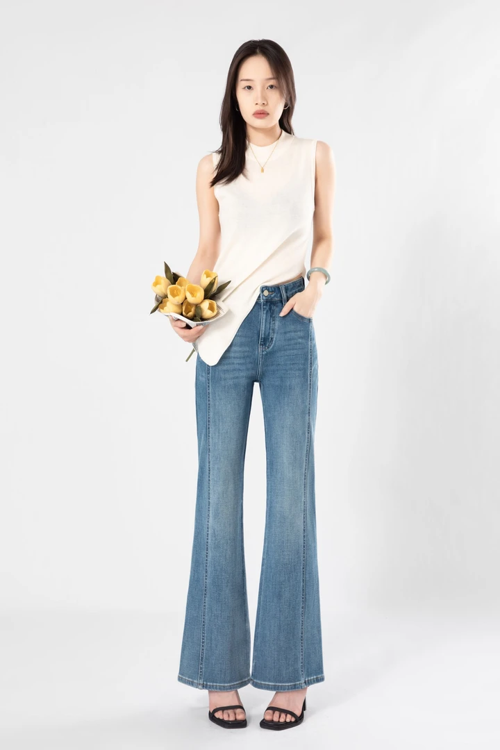 冰肤柔【胖哥-经典蓝】破骨显瘦显腿长筒喇裤四面弹夏新款时尚高腰