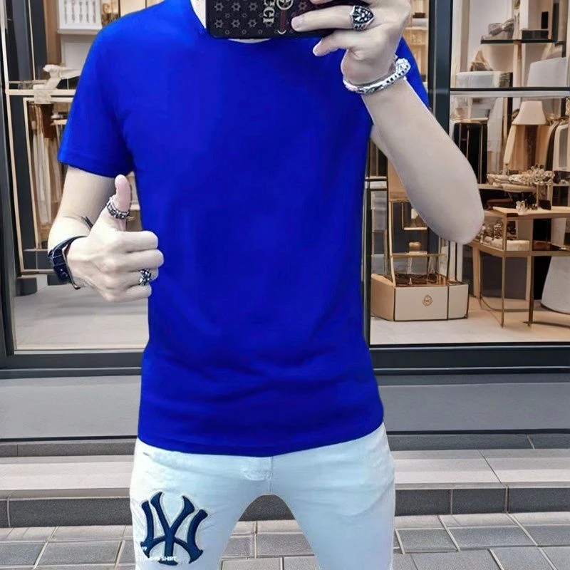 男士2024圆领上衣短袖T恤夏季新款冰丝潮流青年休闲百搭修身体恤