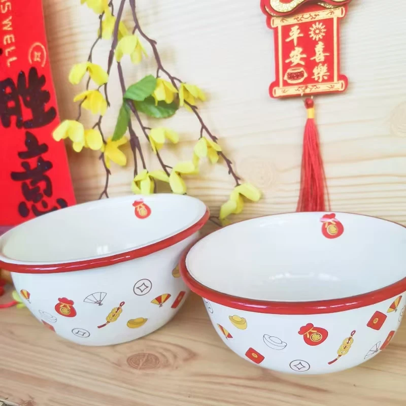 14cm金钱碗 带盖 搪瓷加厚 米饭碗 家用面碗 汤碗 耐高温 釉下彩