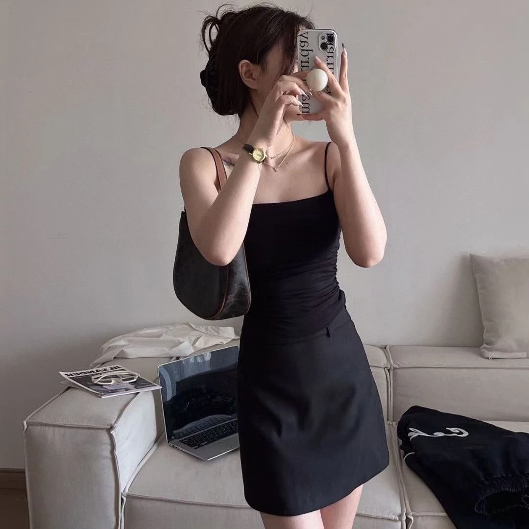 遇见小九 吊带背心女带固定胸垫外穿内衣舒适弹力褶皱显瘦收腰背