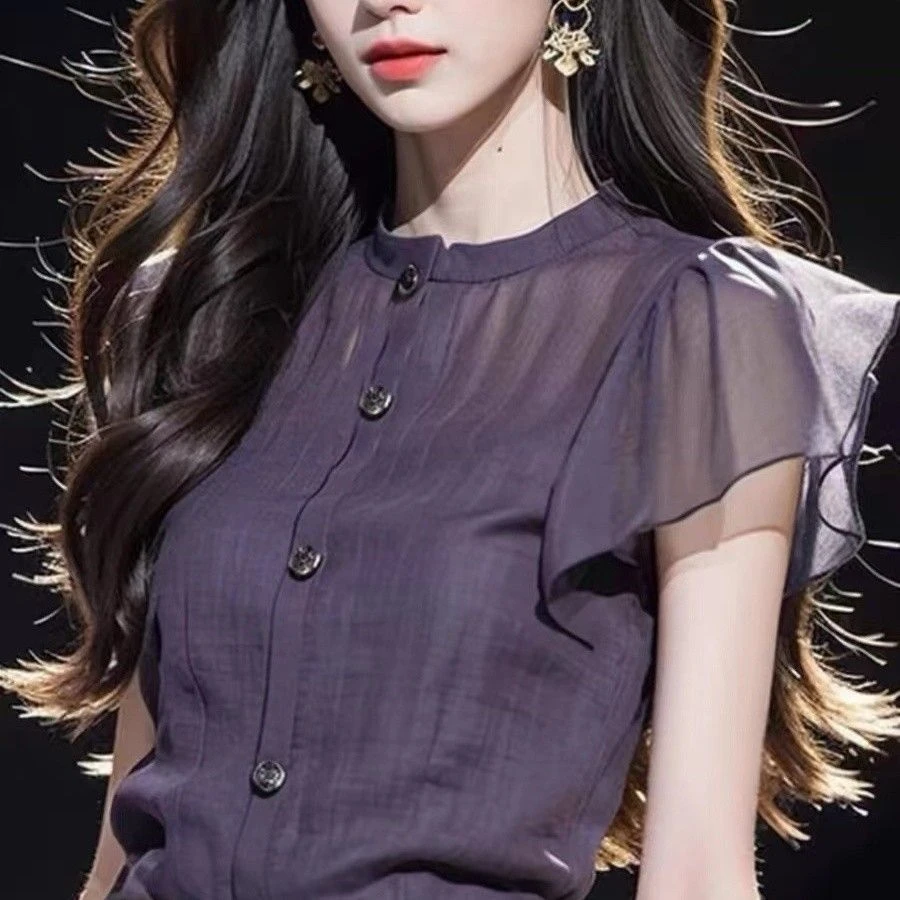 紫色高端小衫时尚漂亮法式别致掐腰雪纺上衣女夏季宽松短袖荷叶边
