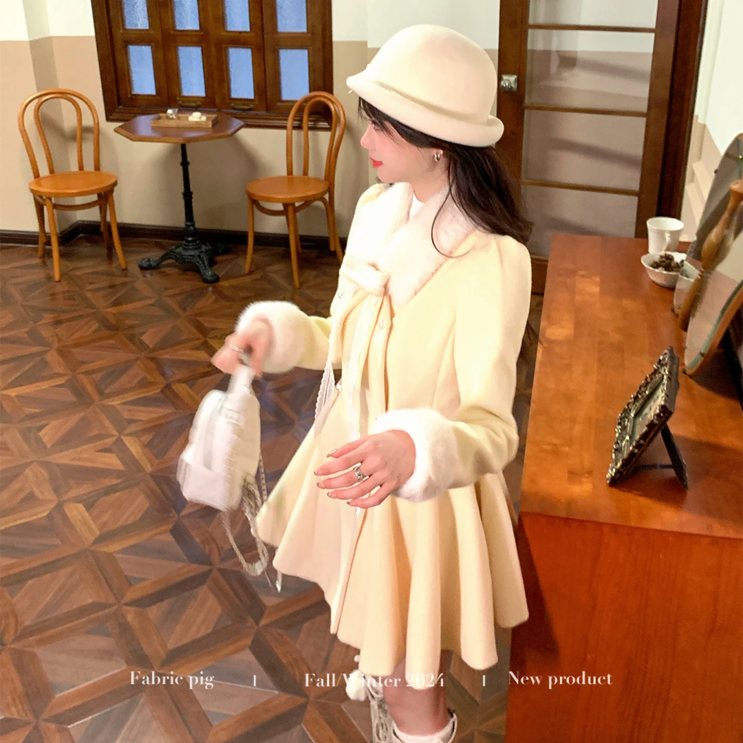 雪松奶酪黄色 织物猪原创 冬季新款韩版气质气质显瘦呢子外套裤子