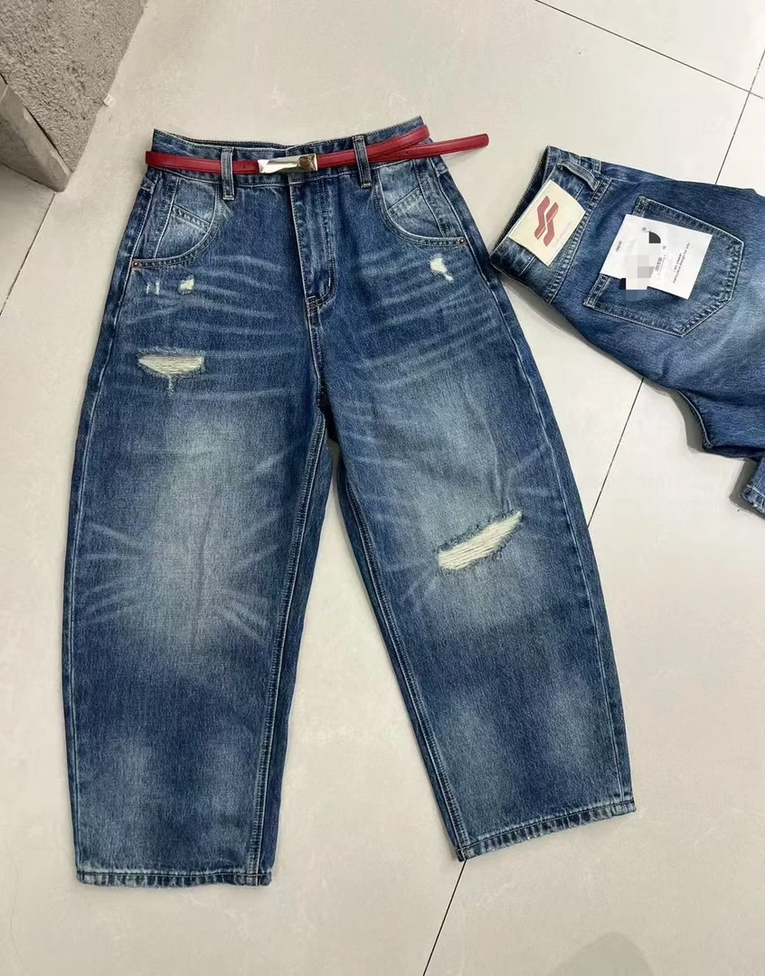 【琦琦】25款复古腔调感破洞九分弯刀牛仔裤