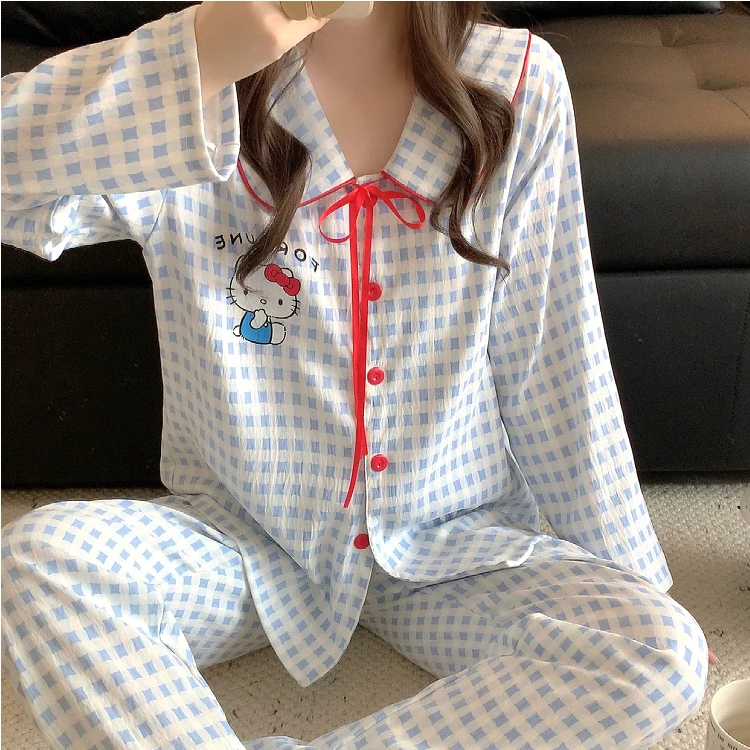 睡衣女款2025新款春秋季云朵棉韩系KT猫长袖娃娃领两件套装家居服