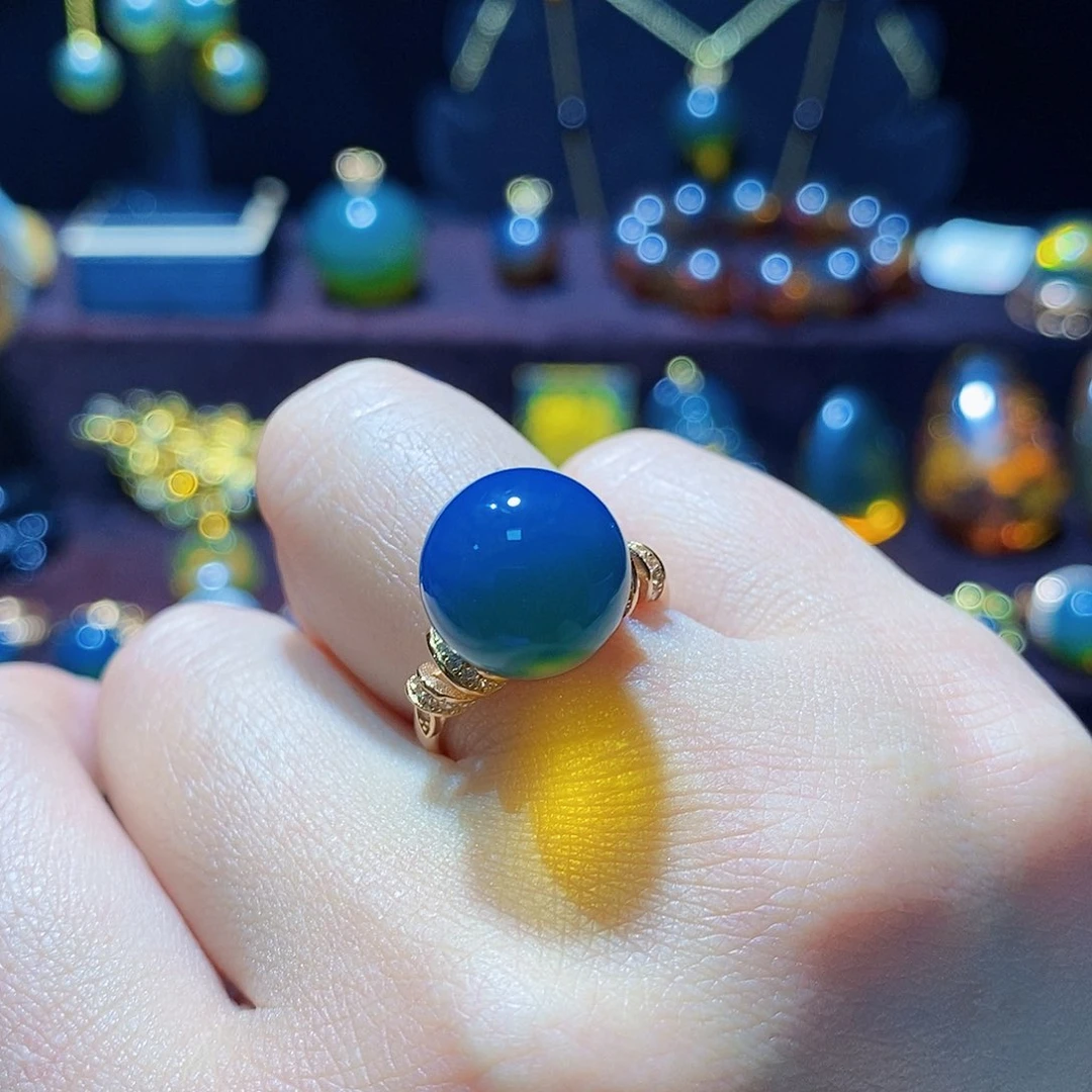 蓝珀戒指银S925镀金镶嵌戒指12m➕