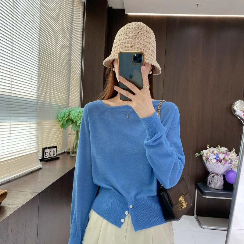 IMFLY金小金自制女装 针织衫DYW8905欧若风春装圆领高腰短款小衫