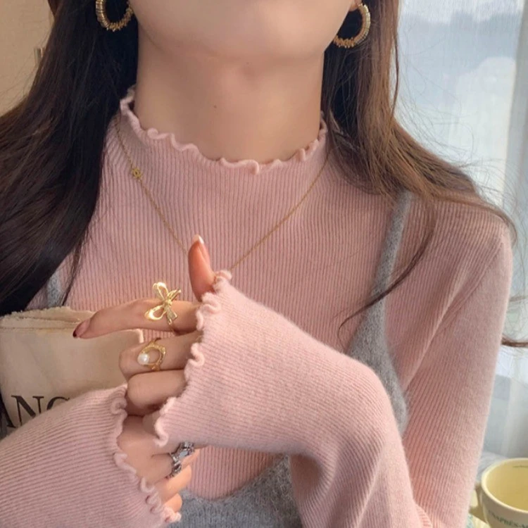 粉色木耳边针织衫女长袖秋冬季新款半高领打底衫洋气修身百搭毛衣