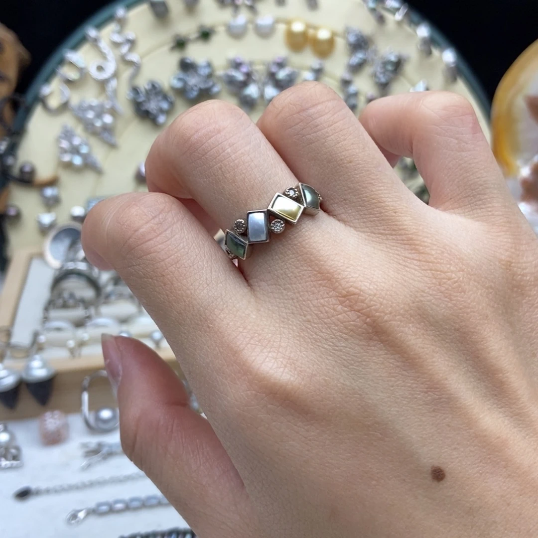 海水珍珠画框银S925镶嵌福利大溪地切珠戒指16号