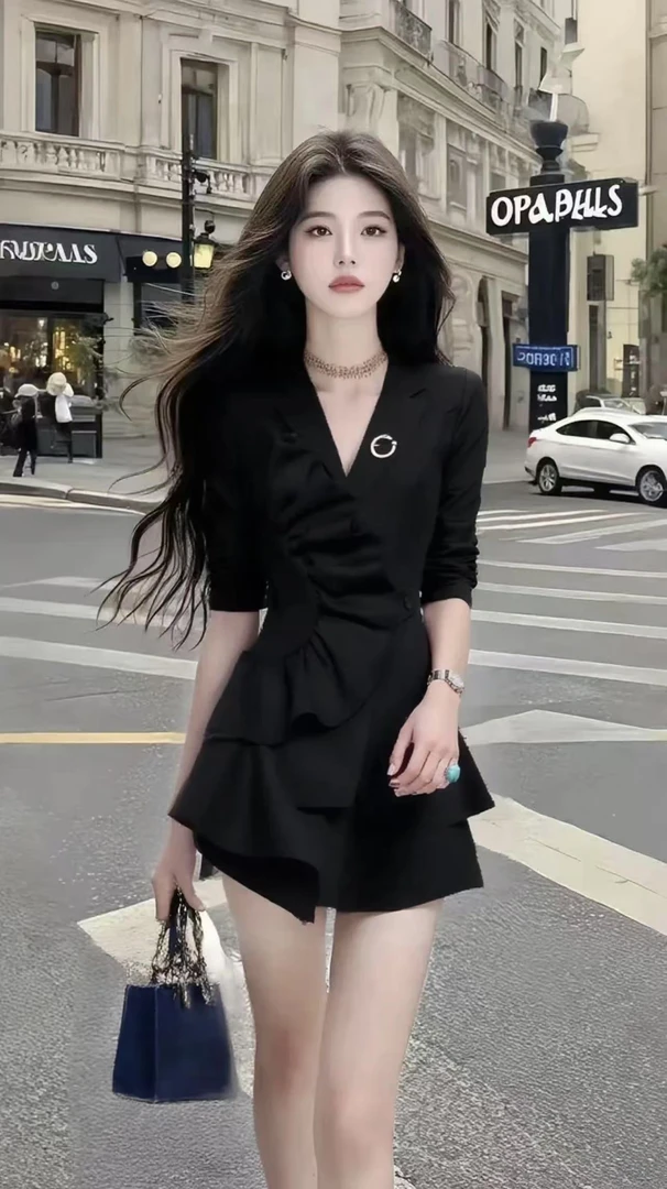 夏季2025新款温柔知性风黑色V领收腰小众连衣裙女高级氛围感穿搭