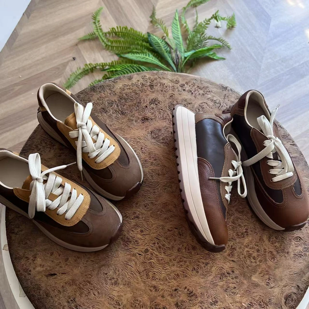 2025新款时尚百搭轻运动头层牛皮软底软面阿甘鞋潮流厚底拼色
