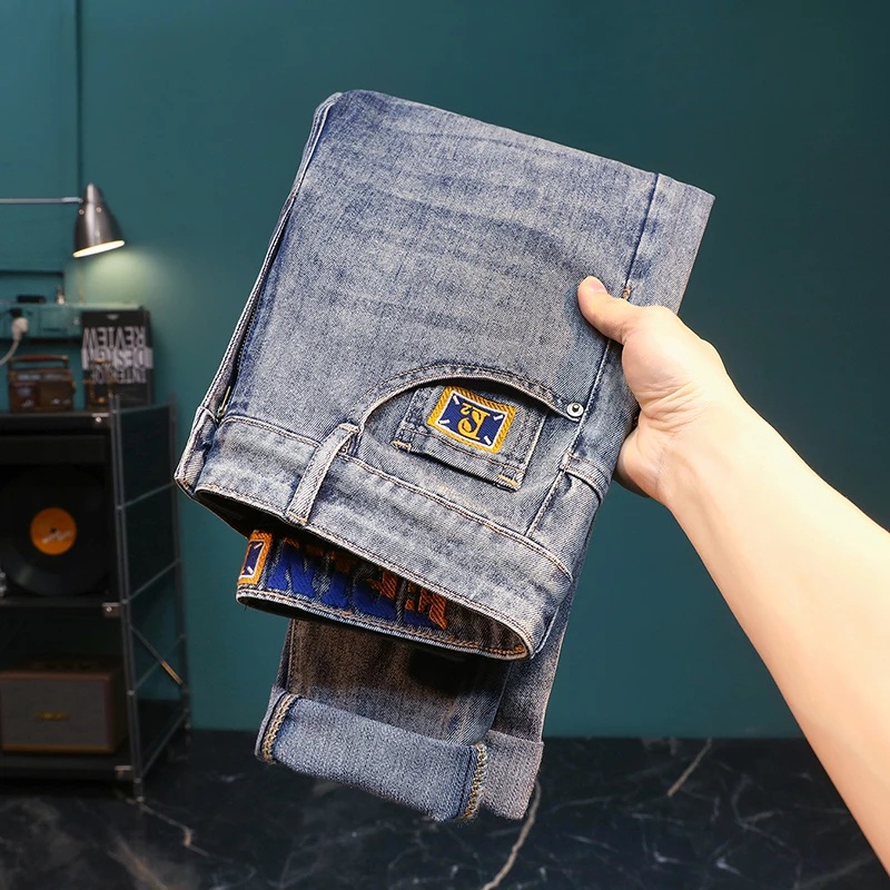 时尚简约水洗蓝牛仔裤男士小直筒修身弹力长裤子百搭潮流轻奢男裤