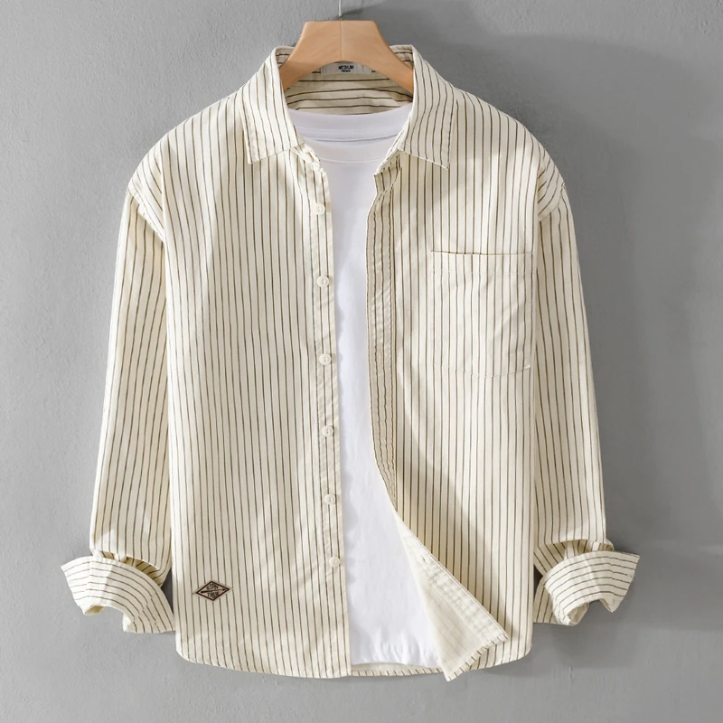法国Cebrodz日系清新条纹长袖衬衫男春秋装上衣寸衫文艺休闲纯棉