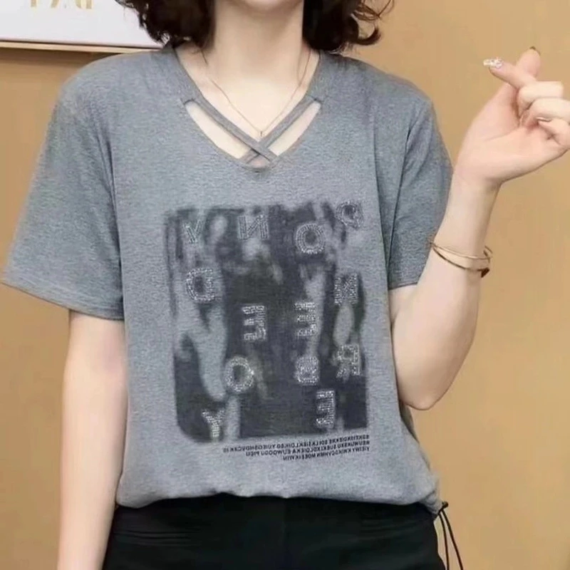（无抽绳）2025薄款短袖T恤休闲大码显瘦遮肚子妈妈不起球妈妈上衣