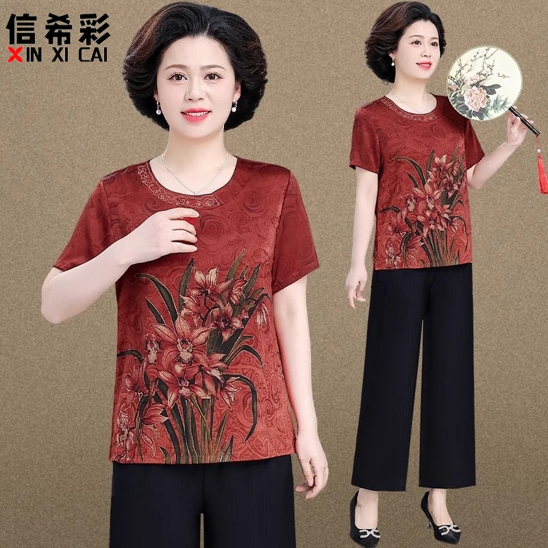 妈妈夏装套装国风上衣2025新款中老年人夏季短袖仿真丝小衫T恤女