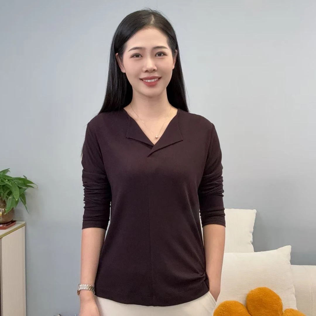 秋季时尚纯色休闲百搭翻领简约显瘦女士长袖 t 恤螺纹打底