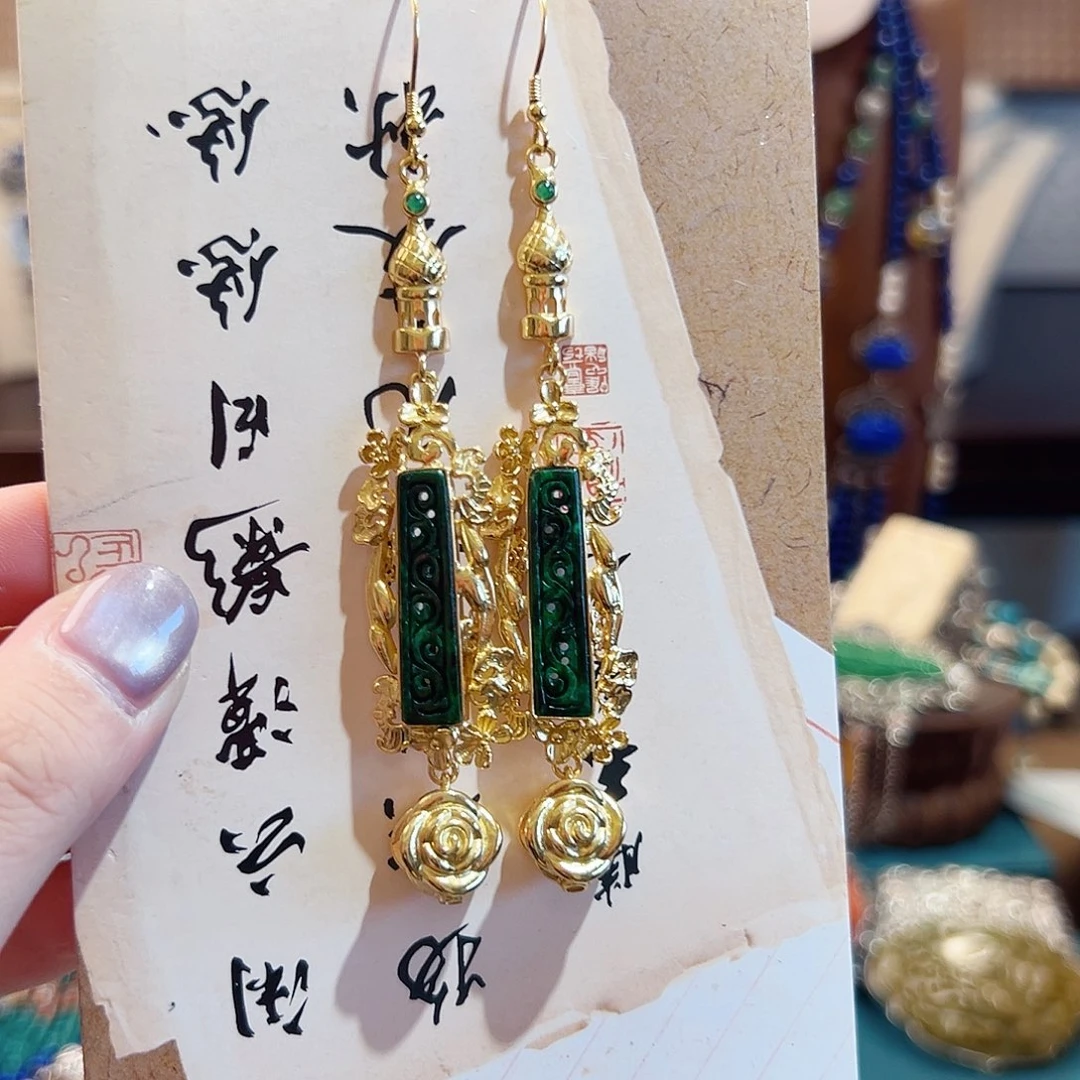 翡翠银S925镶嵌挂件耳环