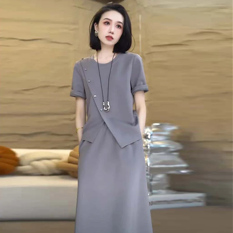 高含棉洋气减龄套装女2025年夏季新款不规则圆领上衣半身裙两件套