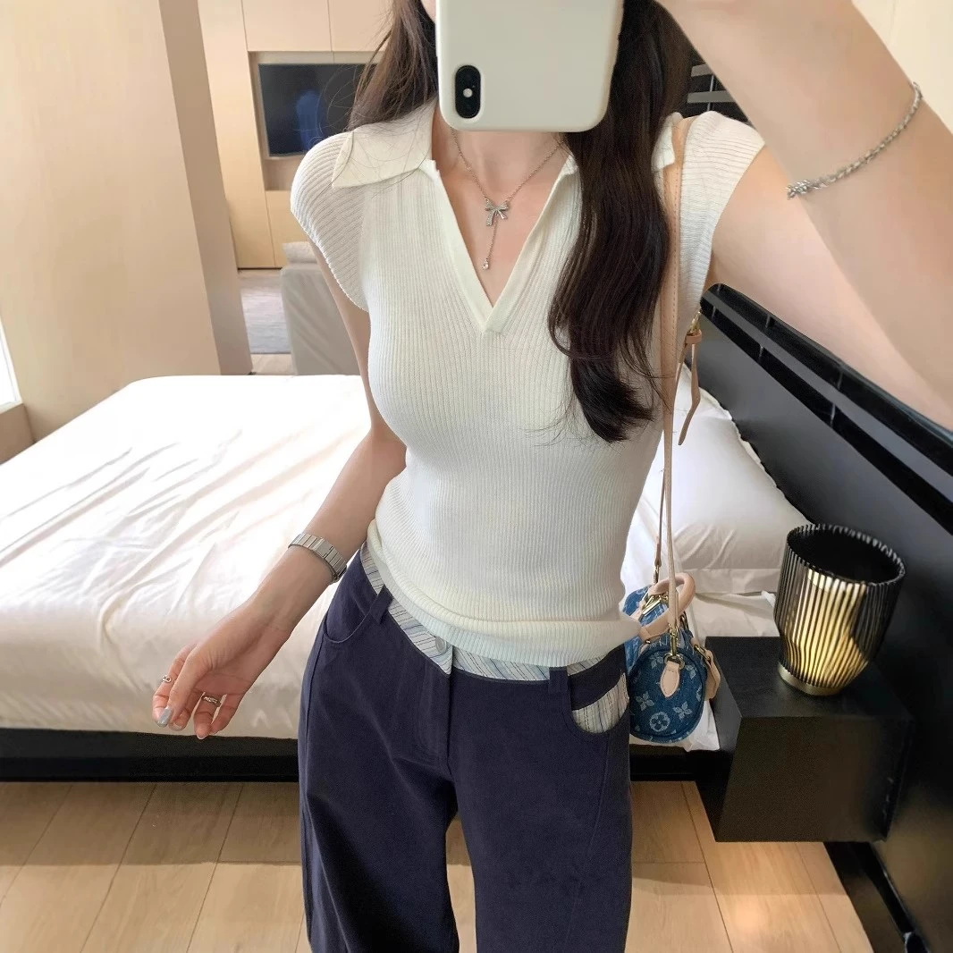 夏季薄款正肩网红显瘦针织衫时尚别致polo领小众时髦V领设计感T恤