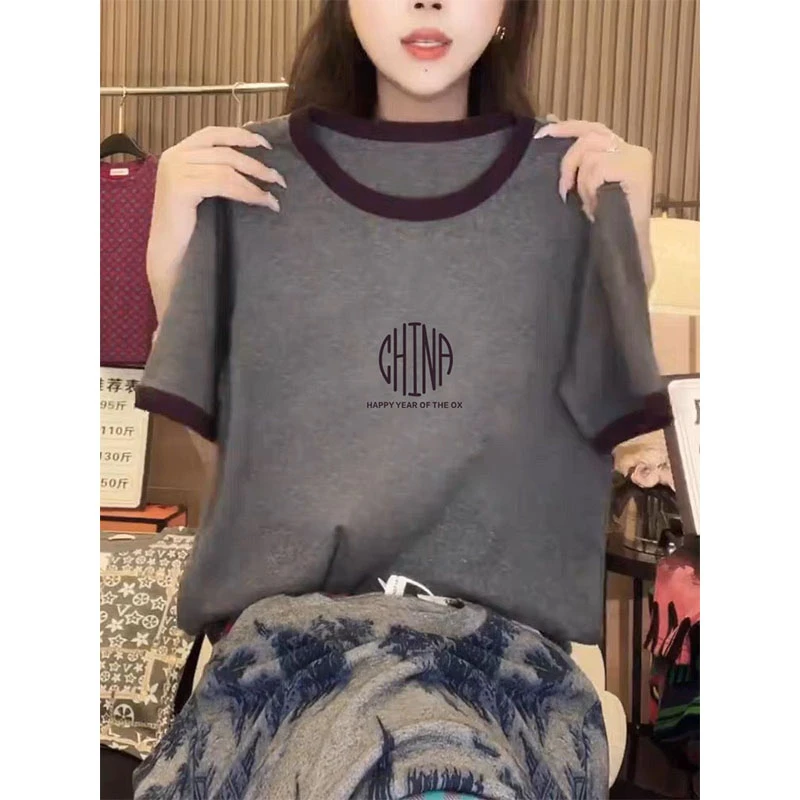 正肩拼色圆领短袖t恤女设计感小众时尚百搭洋气上衣2025春夏季潮