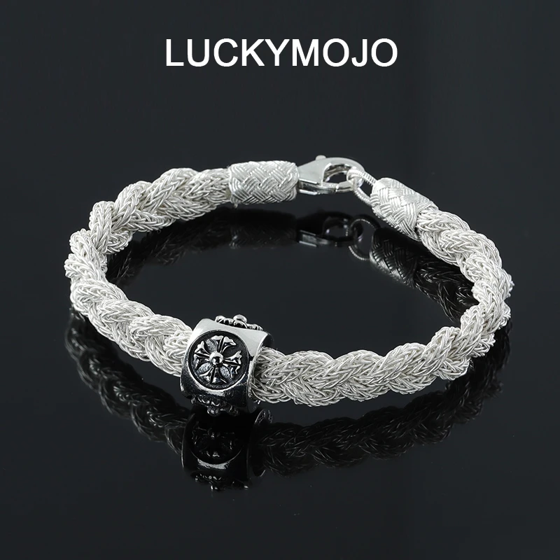 LUCKYMOJO 足银手链 小众手工编织饰品个性潮流时尚男士银手链