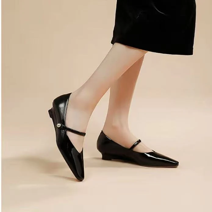 C6792  黑色  时尚低跟尖头2025新款真皮高端玛丽珍浅口女单鞋